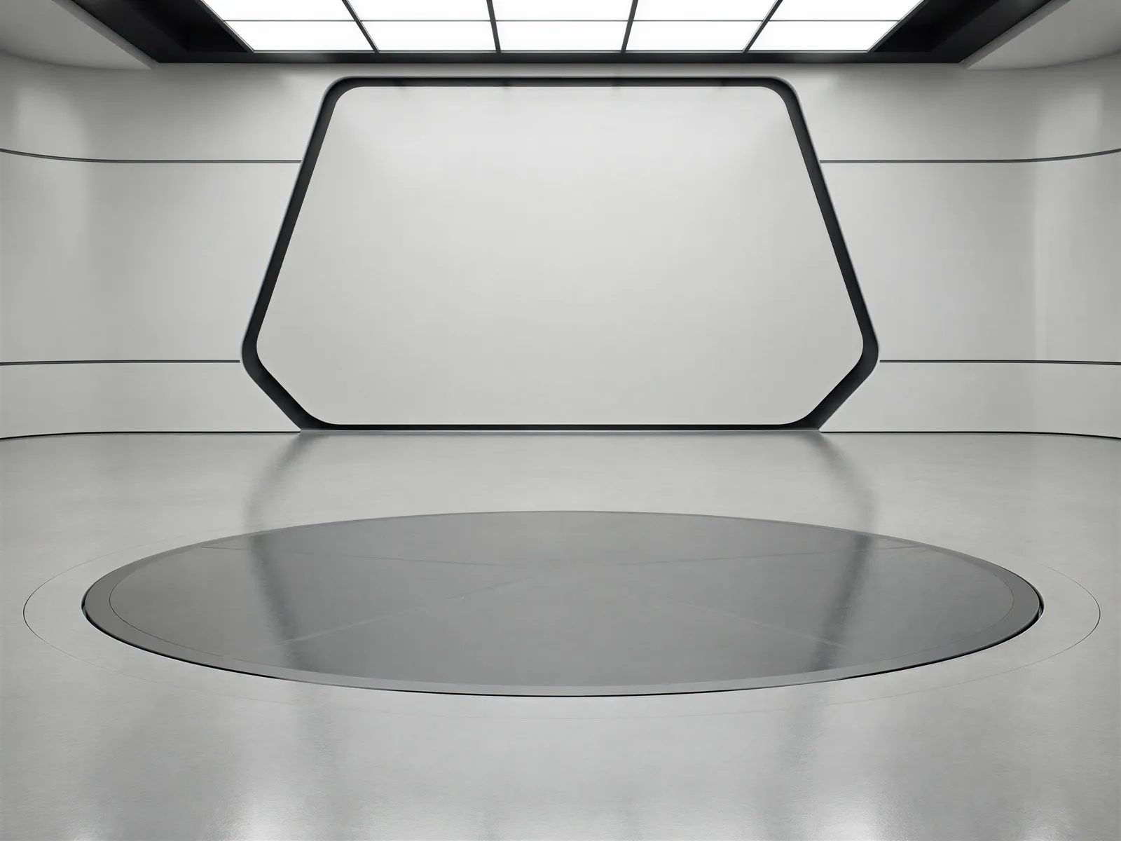 The “Portal-frame white hall” background on its own, with no vehicle.