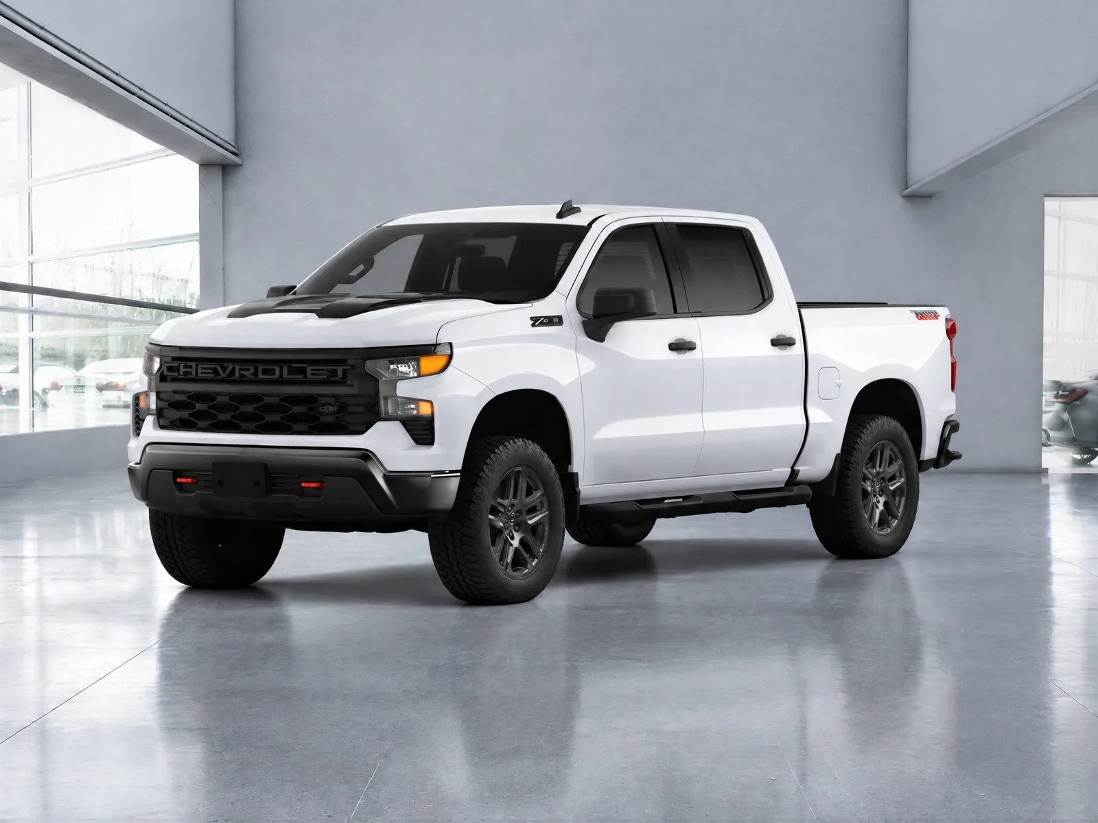 Pickup truck on the “Blue-grey showroom, side window” background.