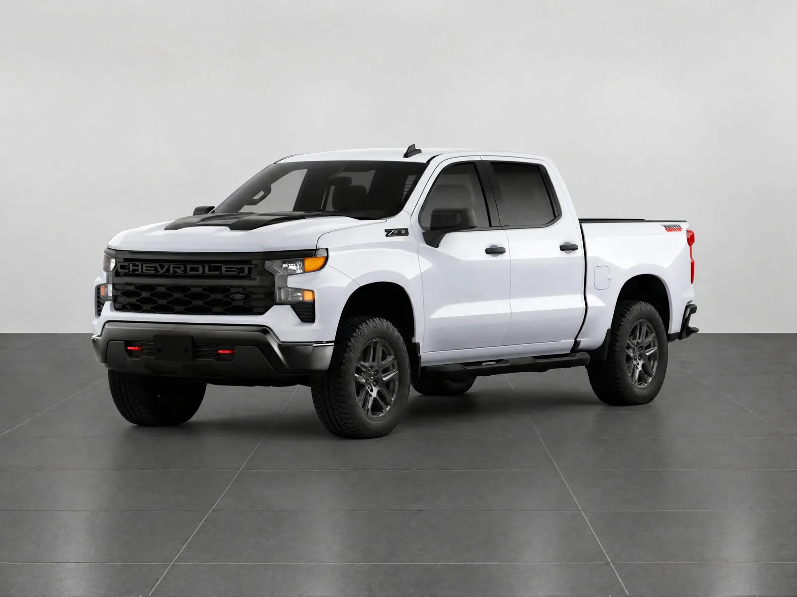 Pickup truck on the “White wall, dark tile floor” background.
