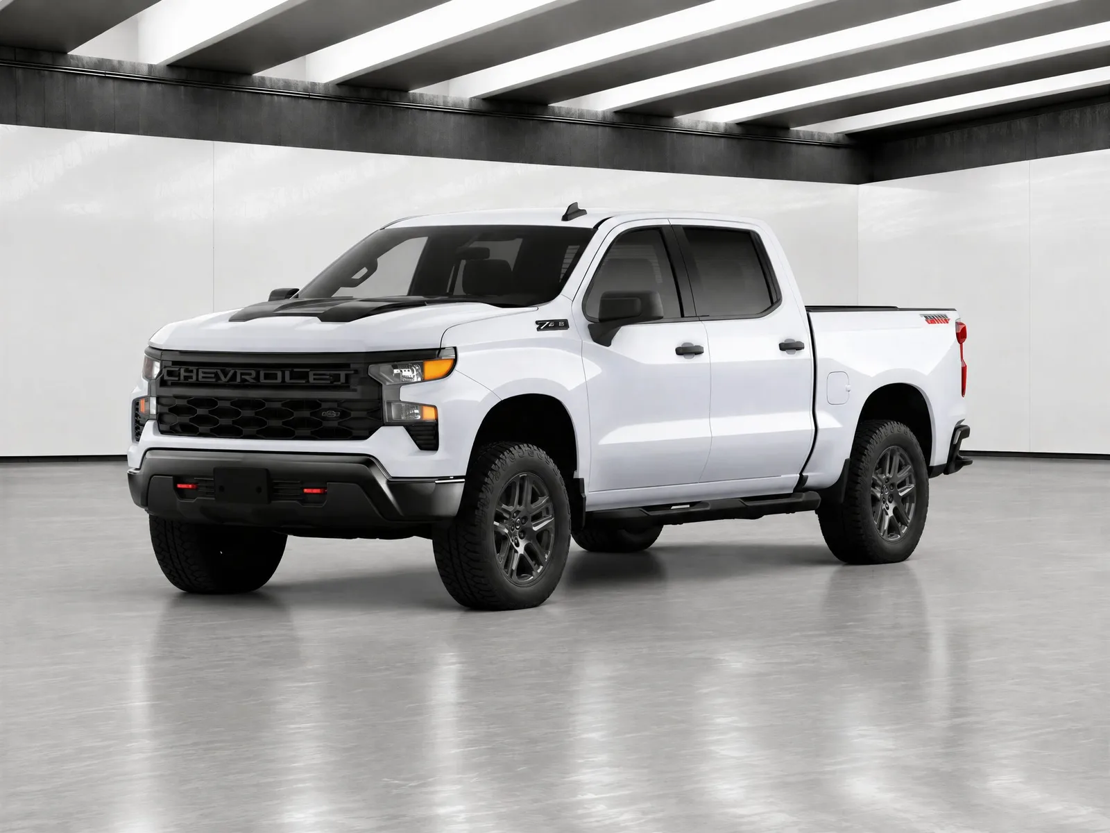 Pickup truck on the “Light-beam hall, pale floor” background.