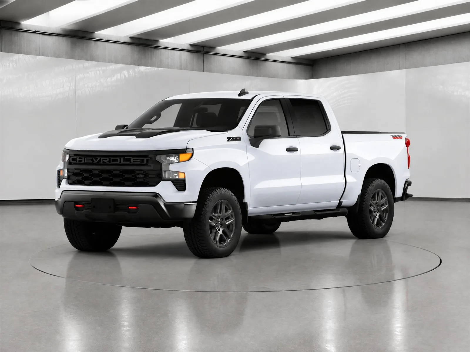 Pickup truck on the “Light-beam hall, grey floor, ring” background.