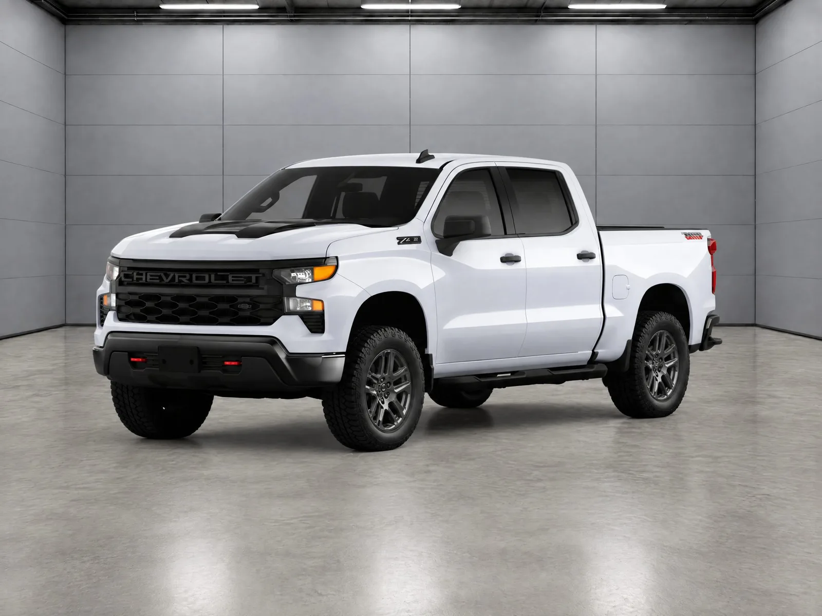 Pickup truck on the “Grey panel hall” background.