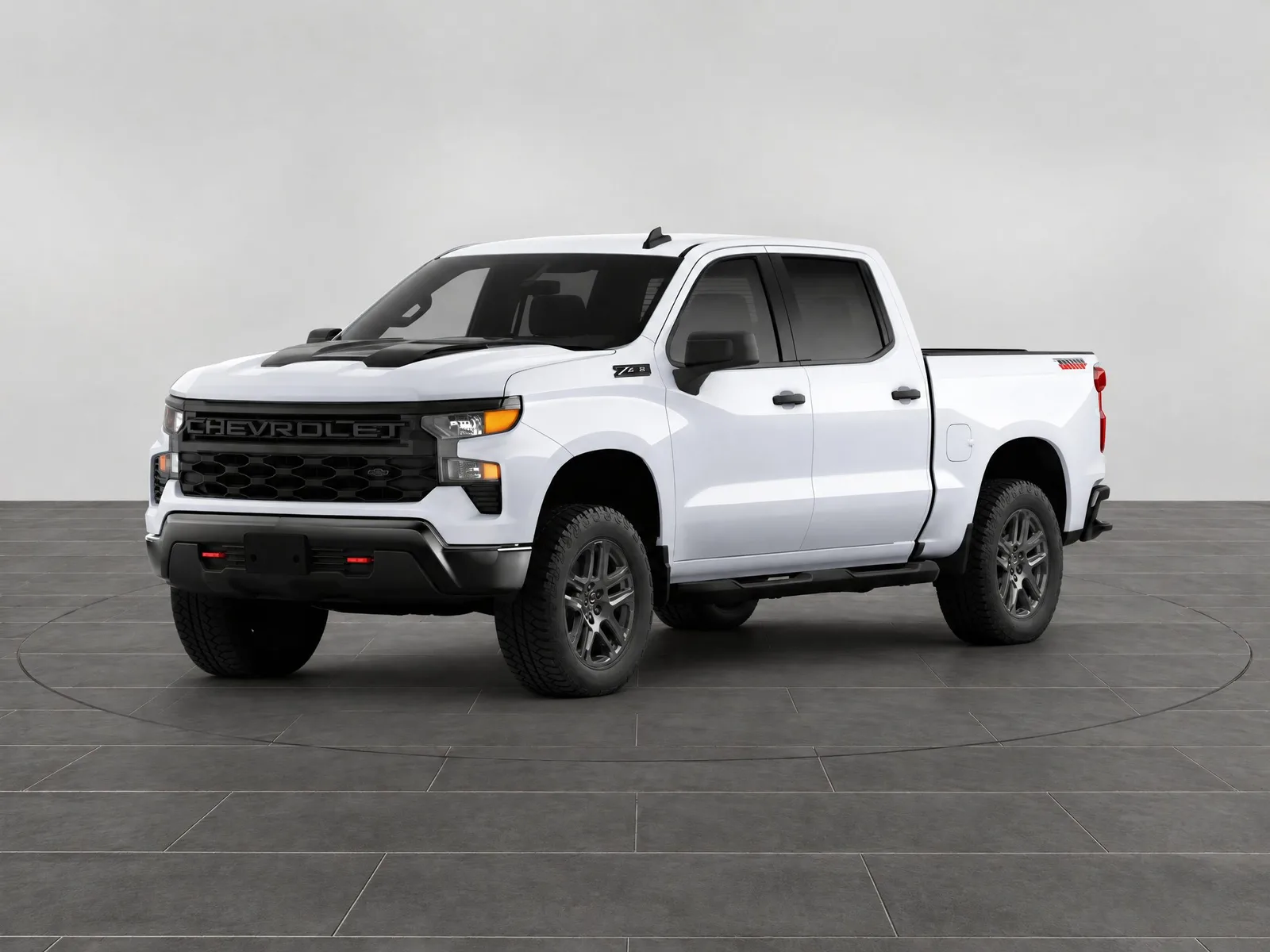 Pickup truck on the “White wall, slate tile floor, ring” background.