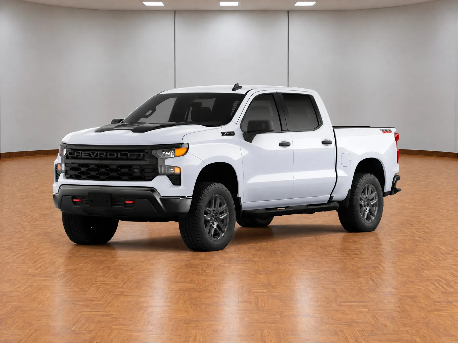 Pickup truck on the “White panel room, parquet floor” background.
