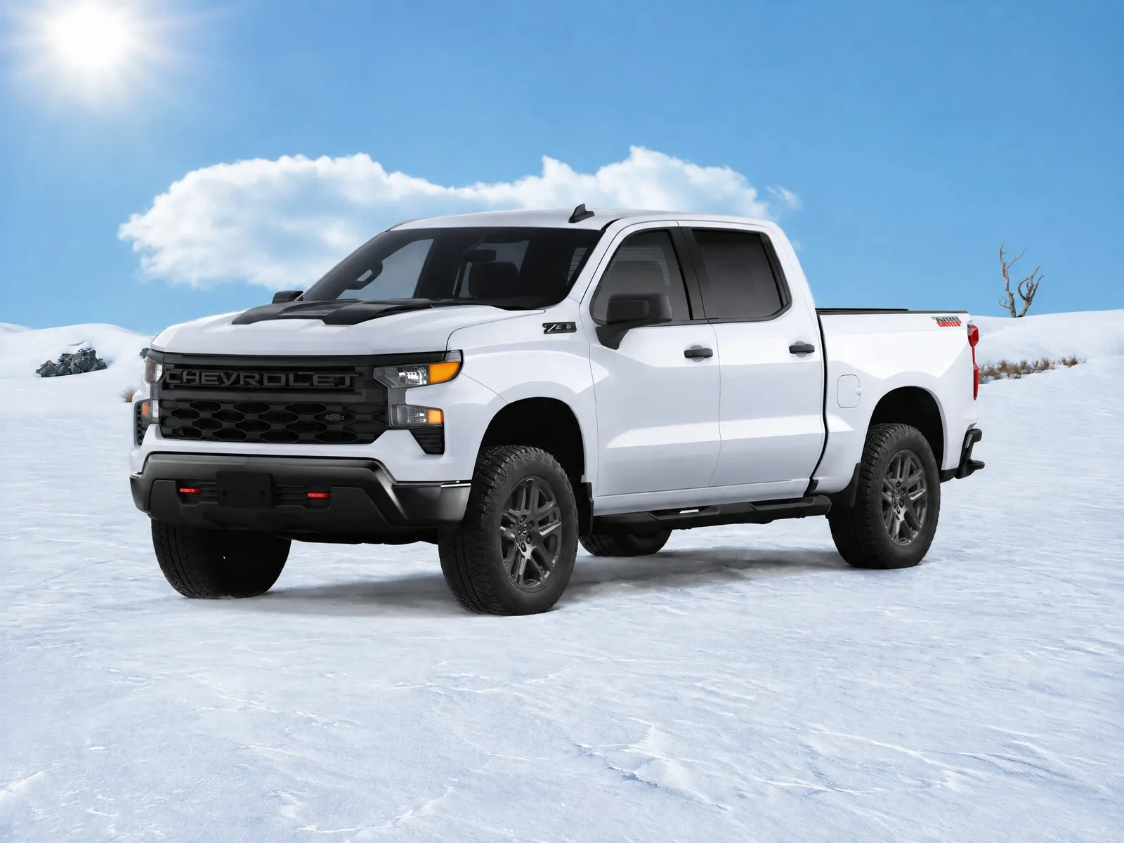 Pickup truck on the “Snowfield, blue sky” background.