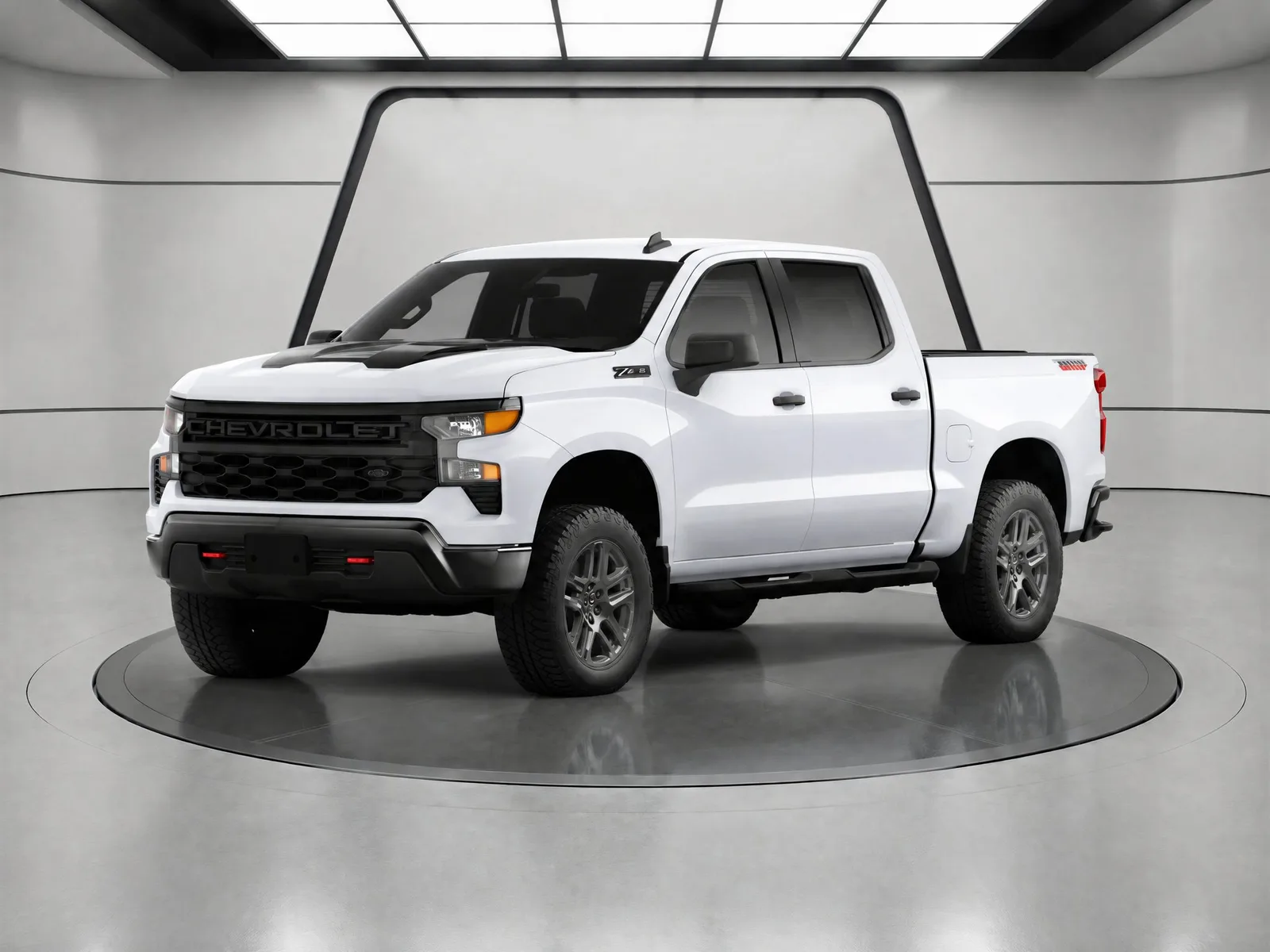 Pickup truck on the “Portal-frame white hall” background.