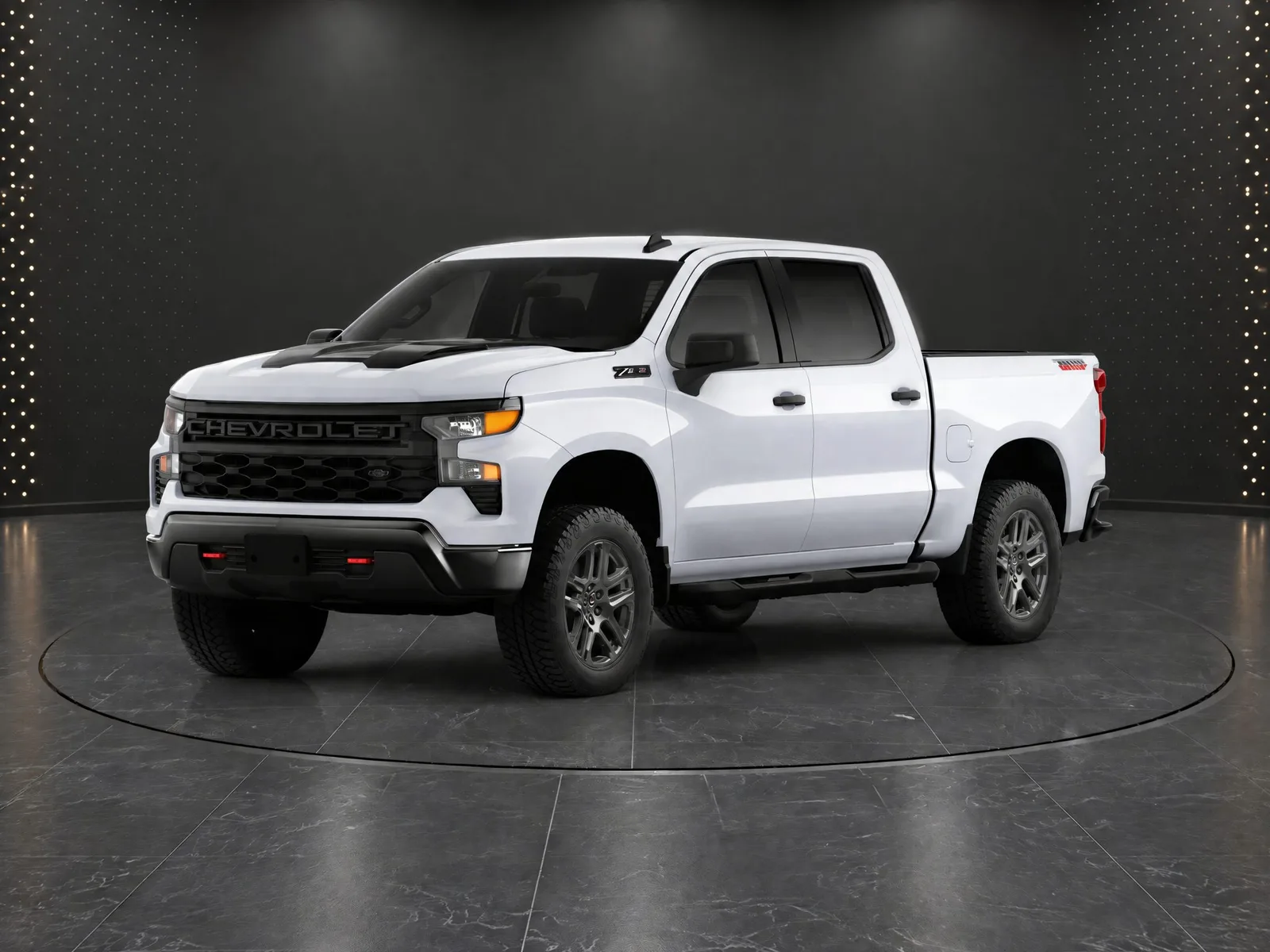 Pickup truck on the “Black wall, dark marble floor, ring” background.