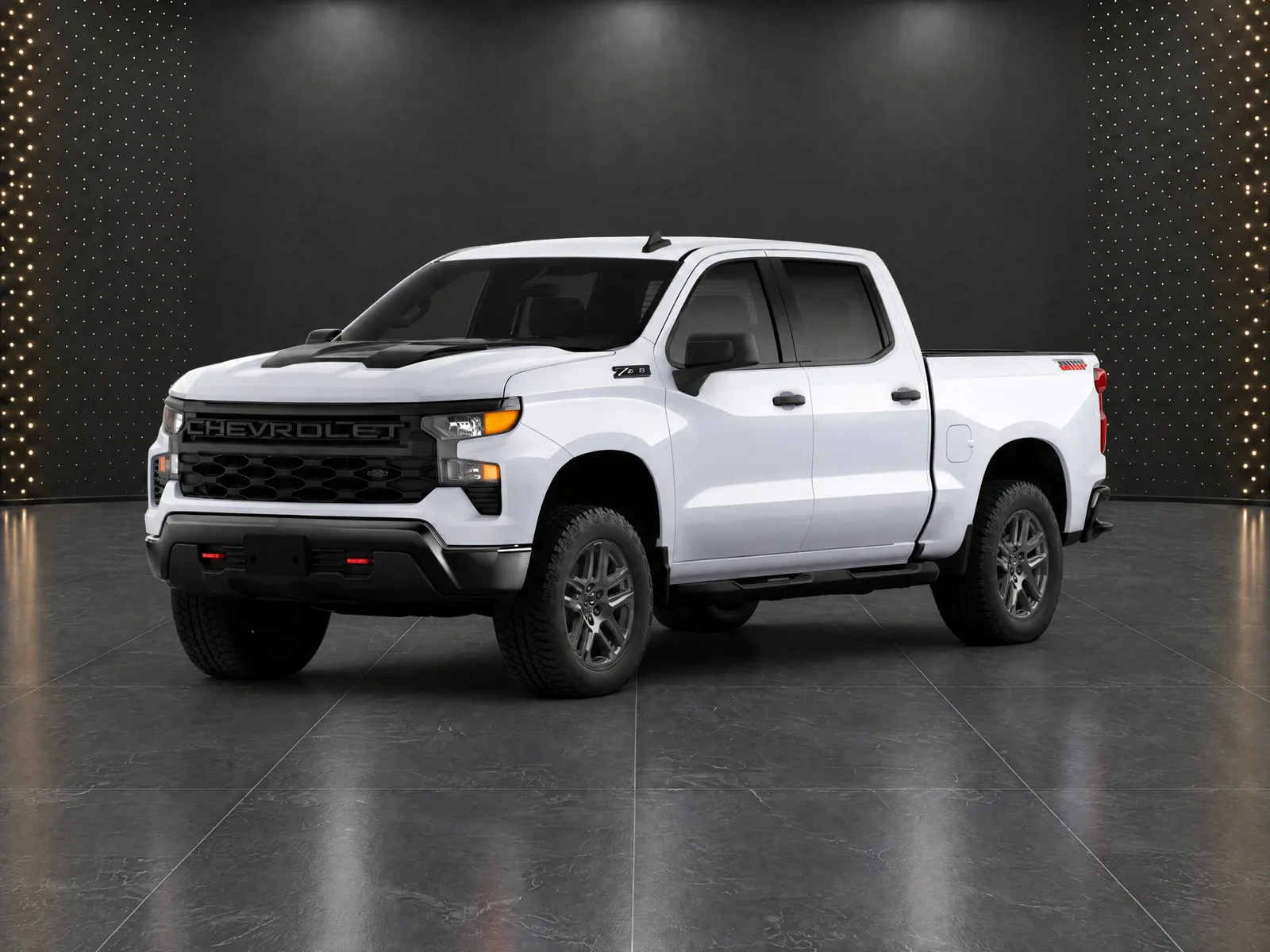 Pickup truck on the “Black wall, dark marble floor” background.